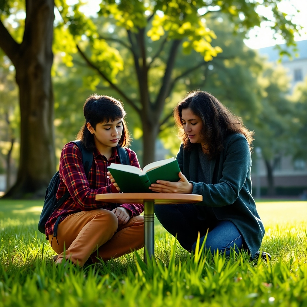 A photorealistic, 8K resolution image depicting a private math tutoring session on a lush university campus.  The scene is set outdoors, under soft, diffused sunlight filtering through the leaves of large trees. The color palette is warm and inviting, with greens from the manicured lawn, browns from tree trunks, and the warm tones of skin. Two individuals, a tutor and a student, are seated at a small, round table on the grass, deeply engrossed in a textbook.  The student appears engaged and focused. The tutor is gently guiding the student, pointing at something in the textbook. The composition is a medium shot, from a slightly low angle, emphasizing the connection between the tutor and the student.  The background features a vibrant, green campus lawn, with the university buildings subtly visible in the soft-focus background.  The style should evoke the feeling of a calm and serene educational environment, similar to the style of Steve McCurry's portrait work but with a modern touch.  The textures are ultra-detailed, showing the fine details of the grass blades, the textures of the book, the fabric of their clothing, and the wood of the table. The image should be hyperrealistic, with highly accurate light and shadow interactions.
