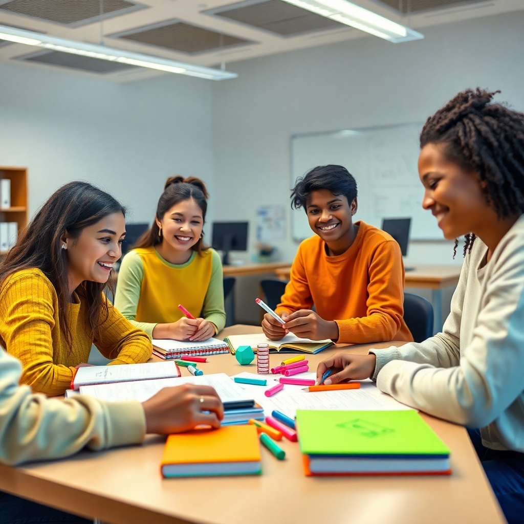 A photorealistic image, 8K resolution, hyperrealistic, ultra-detailed, in the style of Annie Leibovitz, depicting a small group of diverse high school students (4 students, ages 15-17, actively engaged in a collaborative math problem-solving activity. The lighting is bright and even, creating a cheerful and energetic atmosphere. The color palette is vibrant and playful, using various bright colors found in highlighters and textbooks.  The camera angle is a slightly low, wide shot, showing the students seated around a large table in a modern, spacious classroom. The environment is filled with various mathematical tools such as whiteboards, geometric shapes, and computers. Materials are sharp and detailed: textured notebooks, slightly worn textbooks, glossy whiteboard surface. The overall mood should feel collaborative, exciting, and supportive. The background is clean and uncluttered, focusing attention on the students working together.