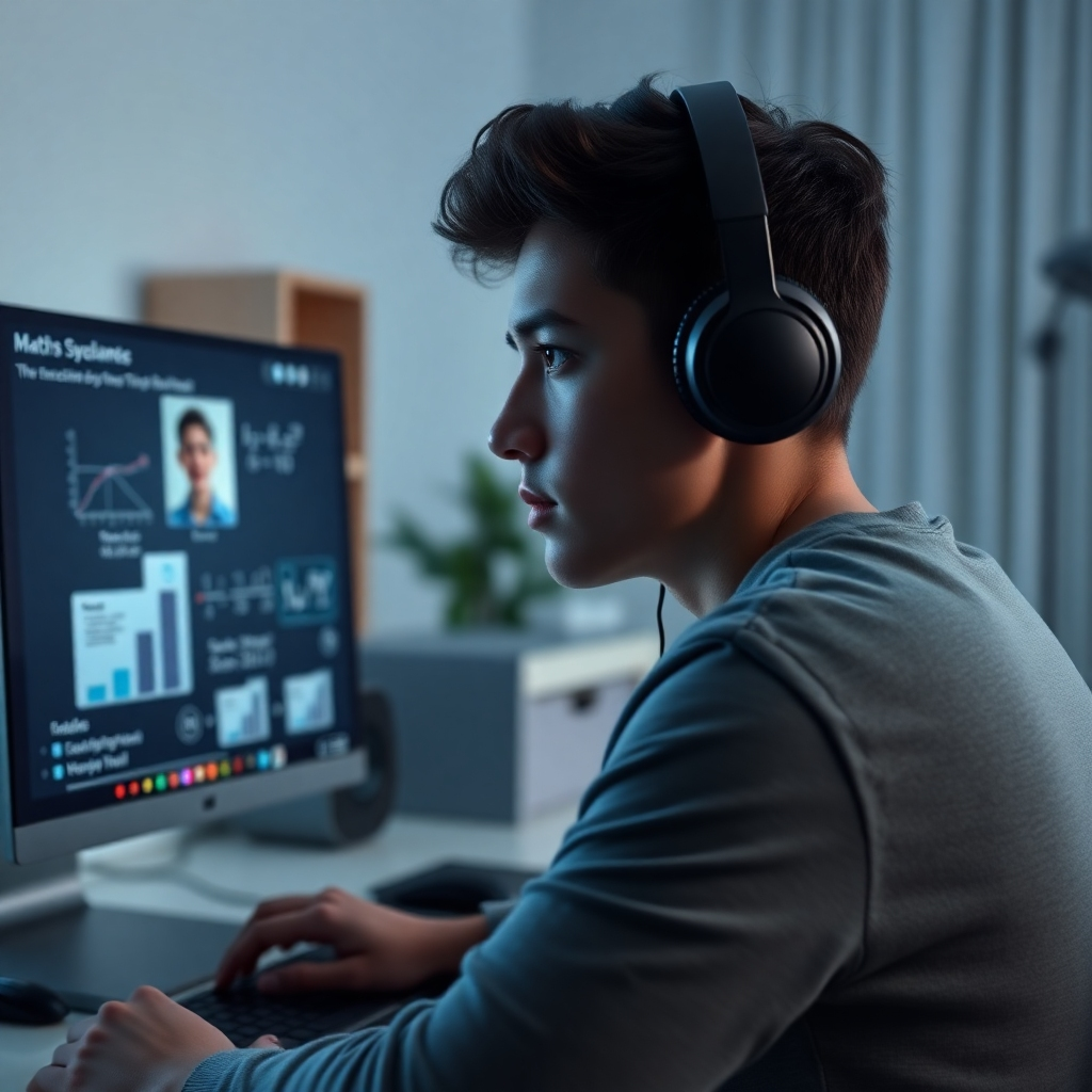 A photorealistic image, 8K resolution, hyperrealistic, ultra-detailed, in the style of Platon, depicting a focused young adult (20 years old) participating in a live online math class.  The lighting is soft and diffused, minimizing harsh shadows and glare on the screen. The color palette is predominantly neutral and tech-inspired, with cool blues and grays. The camera angle is a close-up shot focusing on the student's face and the computer screen, showing the engaging online class material. Textures should be realistic: the smooth glass of the computer screen, the soft fabric of the student's headphones and clothes.  The scene includes a clean, modern home office, suggesting a comfortable and productive learning space. The computer screen displays interactive math problems, graphs, and the teacher's video feed, making the online learning experience tangible. The overall mood should be calm, concentrated, and technologically advanced.