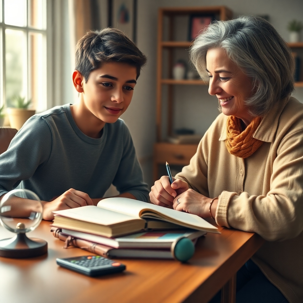A photorealistic image, 8K resolution, hyperrealistic, ultra-detailed, in the style of Steve McCurry, depicting a young student (16 years old, curious expression) engaged in a one-on-one math tutoring session with a patient, experienced teacher (40s, warm smile). Soft diffused lighting illuminates the scene, creating a warm and inviting atmosphere. The color palette consists of warm earth tones, with accents of blue and green. The camera angle is a slightly elevated medium shot, creating intimacy and connection. The setting is a bright, airy home study, with natural light streaming in from a large window. Books, notebooks, a calculator, and a geometric model are visible on the desk.  The textures should be highly realistic: soft, worn leather of the teacher's journal, smooth surface of the desk, the subtle grain of the wooden floor. The mood is focused, calm, and encouraging. The background is subtly blurred to keep the focus on the student and teacher. The image should exude a sense of trust, encouragement, and the joy of learning.