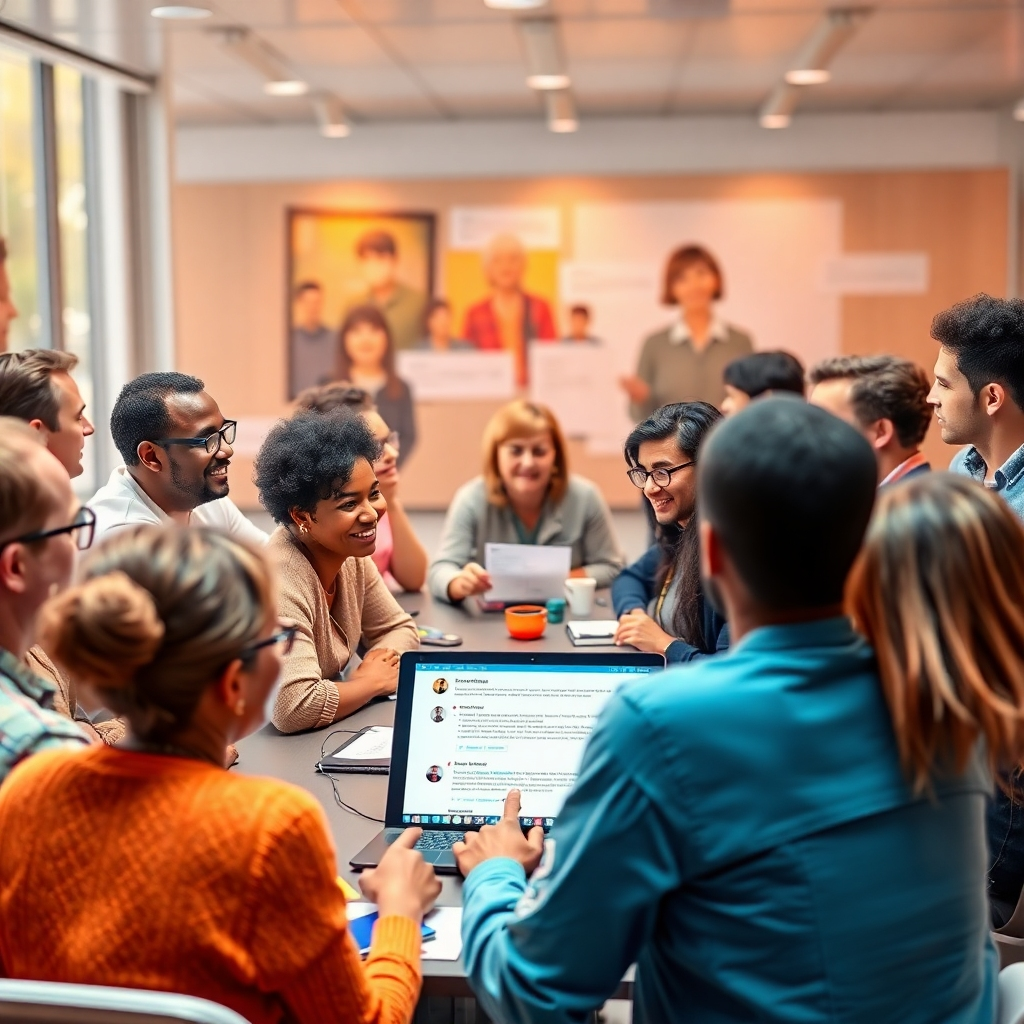 A photorealistic image depicting a vibrant online forum or discussion board, showcasing diverse users interacting positively and collaboratively.  Include elements suggesting a supportive and inclusive community, such as diverse avatars, positive comments, and shared resources. The scene should be bright and inviting.