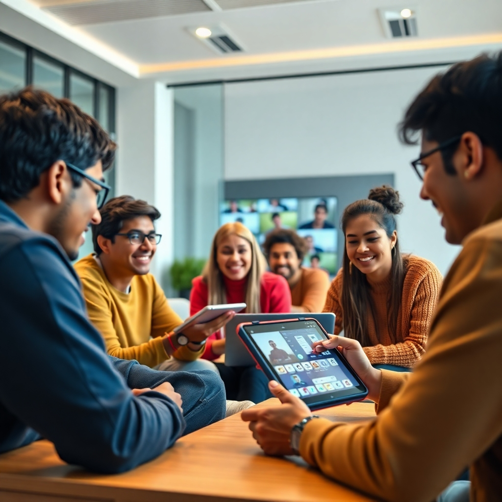 A photorealistic image of a diverse group of students actively participating in an online class, using interactive elements like quizzes on a tablet and engaging in a lively discussion through video chat. The scene should be bright, modern, and inviting, showing a blend of individual and collaborative learning.