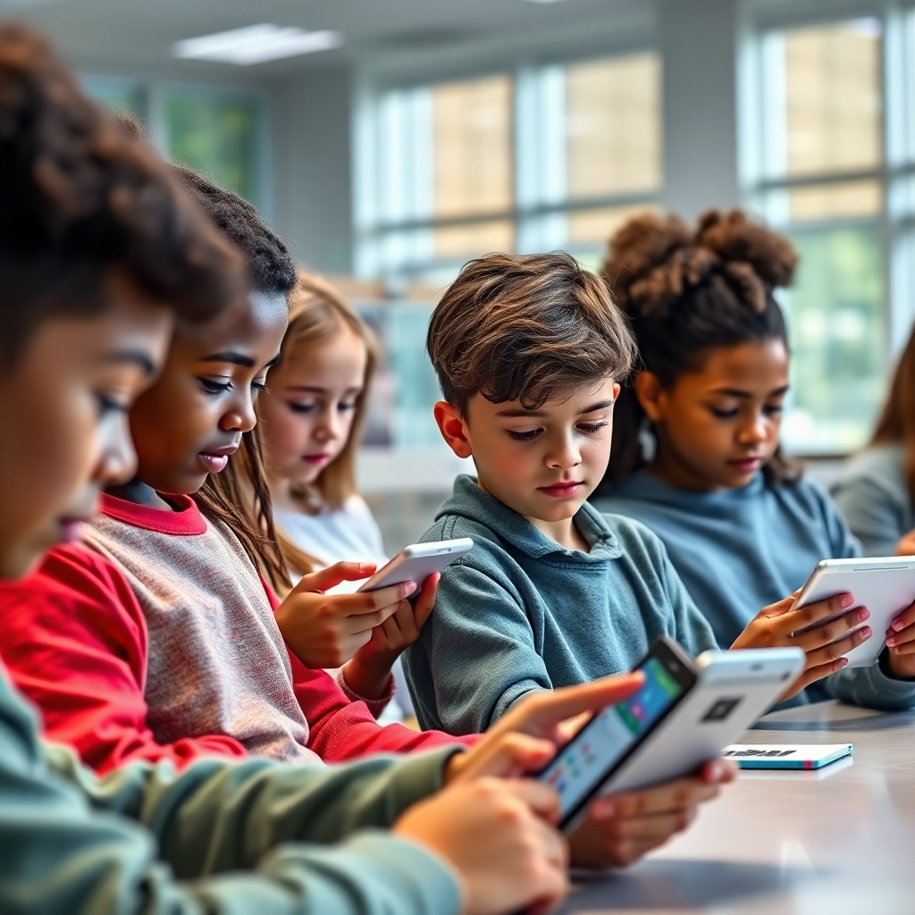 A photorealistic image of a diverse group of students, each engaged in different learning activities on their own devices, showing personalized learning interfaces, with a bright and modern learning environment in the background. The overall mood should be one of focused engagement and individual progress.
