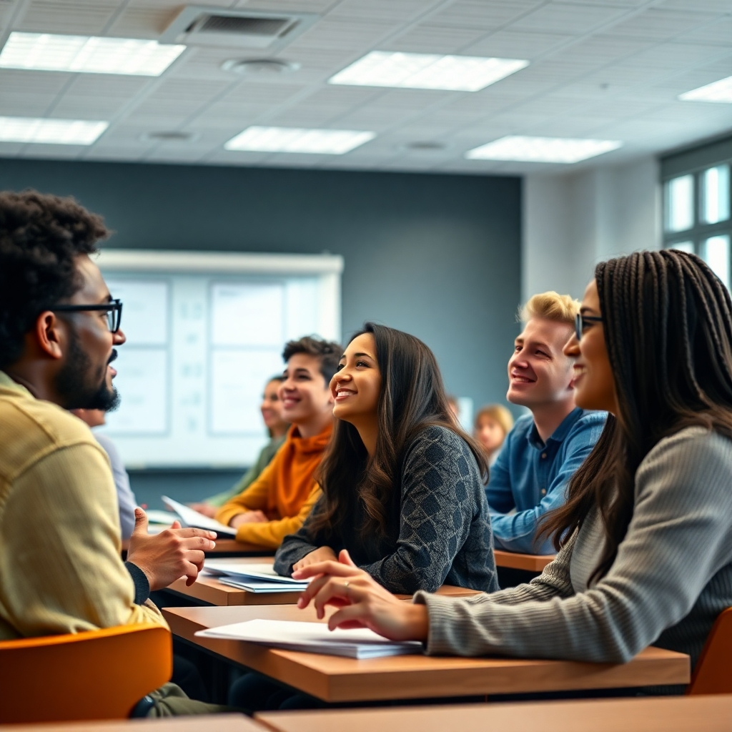 A photorealistic image of a diverse group of students actively participating in a classroom lecture. The classroom should be modern and well-lit, with a whiteboard displaying relevant information. The students should show expressions of engagement and collaboration. The focus should be on the positive energy and collaborative learning environment.