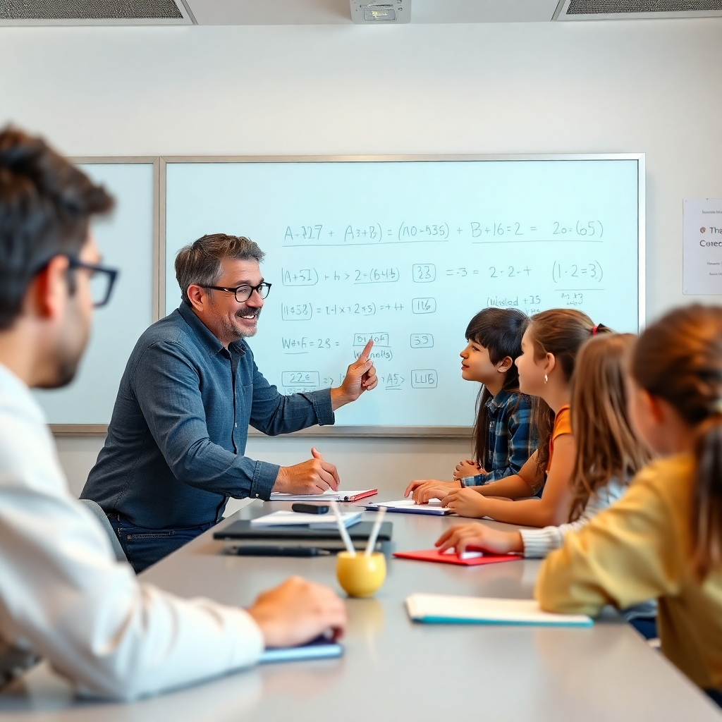 A photorealistic image of a friendly math teacher interacting with a small group of students in an online class, using a digital whiteboard. The image should convey a feeling of warmth and support, suggesting a positive learning experience.