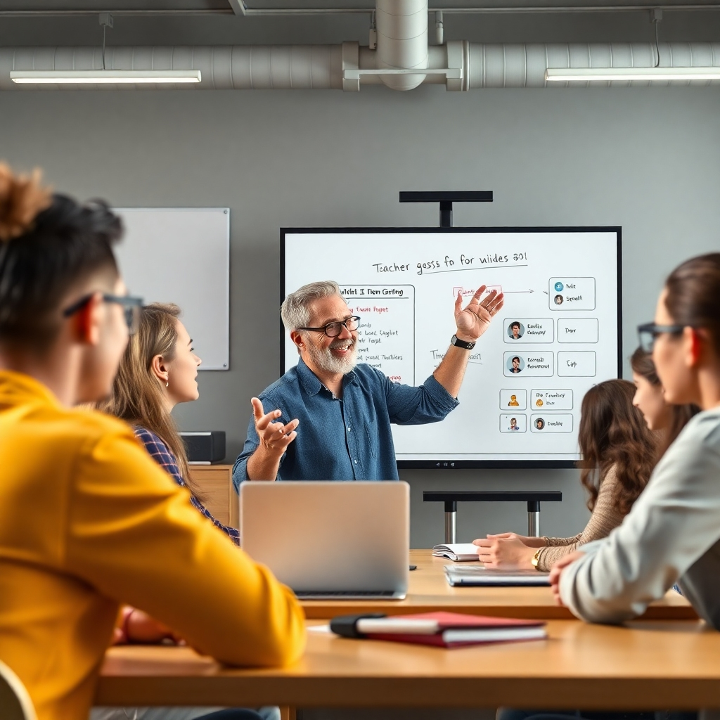 A photorealistic image of a friendly, knowledgeable teacher interacting with students during an online class. The teacher should be clearly visible, using engaging teaching methods like explaining concepts on a whiteboard, answering questions through a chat, and showing positive body language and a welcoming expression. The students should appear attentive and actively engaged.