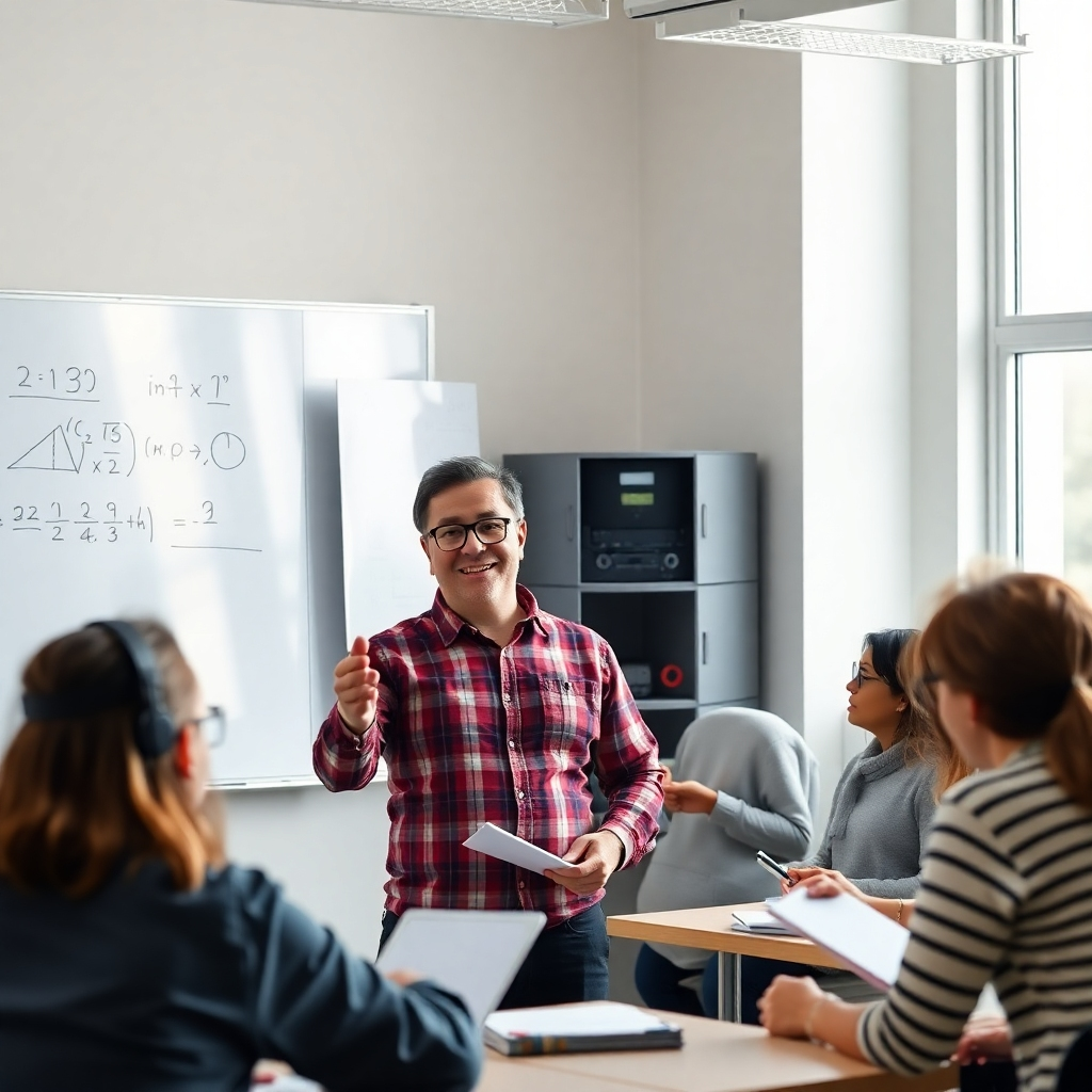 A photorealistic image of a friendly, middle-aged math teacher with glasses, smiling warmly and explaining a mathematical concept on a whiteboard to a small group of diverse students who are attentively listening and taking notes. The classroom should be bright and modern, with natural light streaming in.