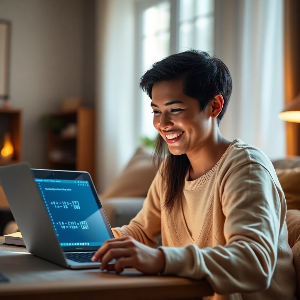 A photorealistic image of a person smiling while looking at a laptop screen showing a math problem, with a cozy and comfortable background such as a living room with soft lighting. The overall mood should be relaxed and inviting, suggesting ease and comfort of learning.
