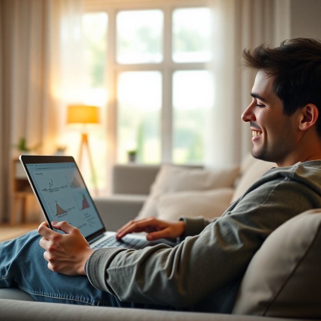 A photorealistic image of a person smiling and looking at a laptop screen showing a math lesson, sitting comfortably on a couch in a brightly lit living room.  The background should be slightly blurred, and the laptop screen should show engaging mathematical formulas and graphs. The overall mood should be one of relaxation and comfort.