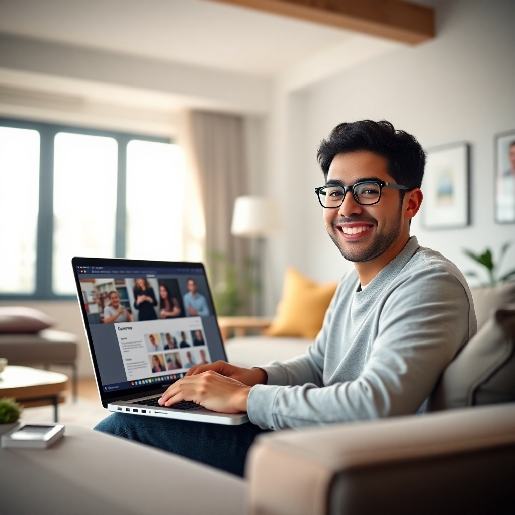 A photorealistic image of a person smiling while studying on a laptop in a brightly lit, modern living room. The laptop screen shows an engaging online course interface.  The background should be slightly blurred, with natural light streaming through a window. The overall mood should be one of relaxed focus and positivity.