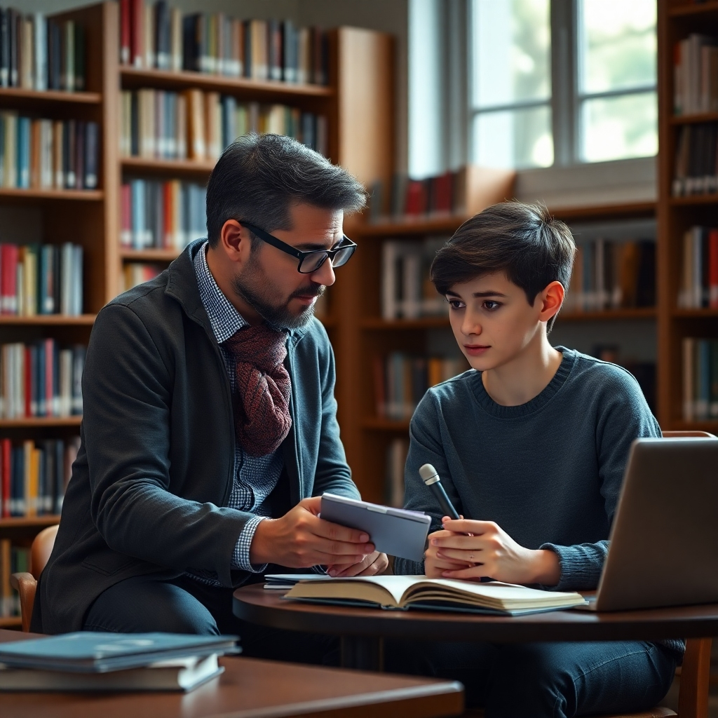 A photorealistic image of a teacher and a student engaged in a one-on-one tutoring session. The setting could be a quiet library or a comfortable study space. The image should convey a sense of personalized attention and focused learning, highlighting the individual interaction between the teacher and student.