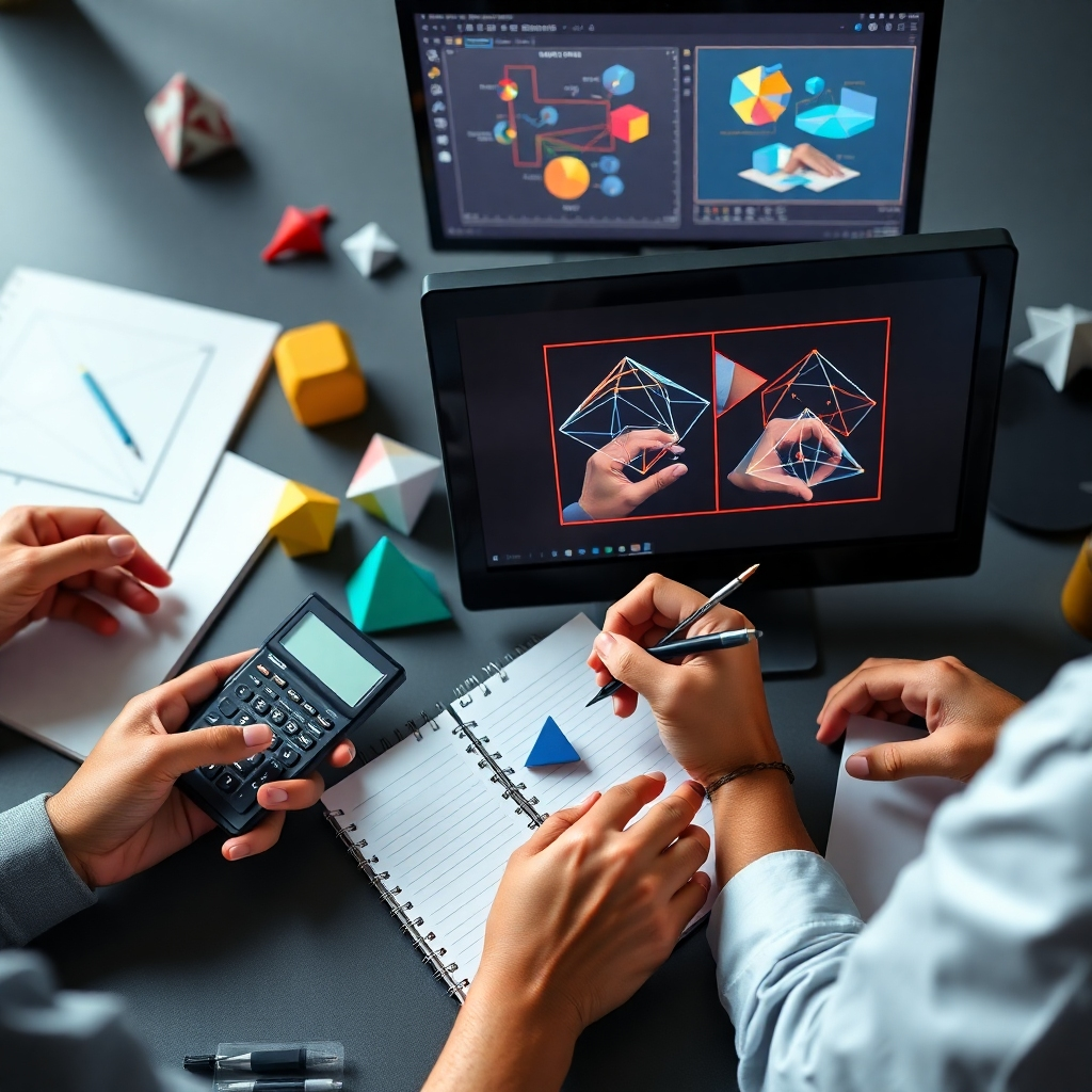 A photorealistic image of various hands actively solving math problems using different tools: a calculator, a notebook, geometrical shapes, and a computer screen displaying interactive simulations. The hands should represent diversity, and the overall scene should feel dynamic and collaborative, emphasizing the practical use of math.