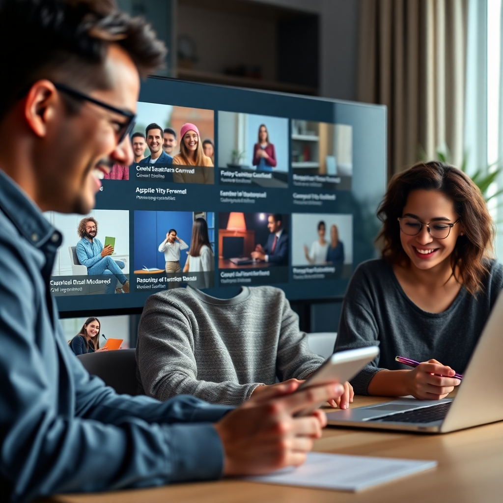 A photorealistic image showcasing a clean, modern interface of an online learning platform.  Highlight diverse course options visually, with appealing course thumbnails and titles, suggesting a broad range of subjects and skill levels.  Show happy students actively engaging with the learning materials, creating a feeling of dynamic and engaging learning.