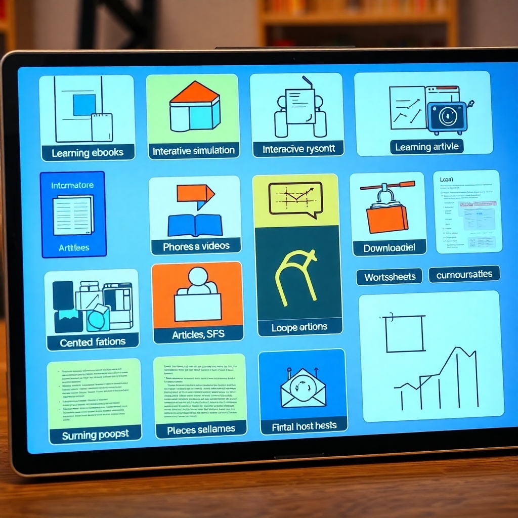 A photorealistic image showcasing a variety of supplementary learning resources neatly arranged on a digital interface. This could include ebooks, interactive simulations, videos, articles, and downloadable worksheets, all clearly labeled and easily accessible. The overall design should be clean, visually appealing, and convey a sense of organization and ease of use.