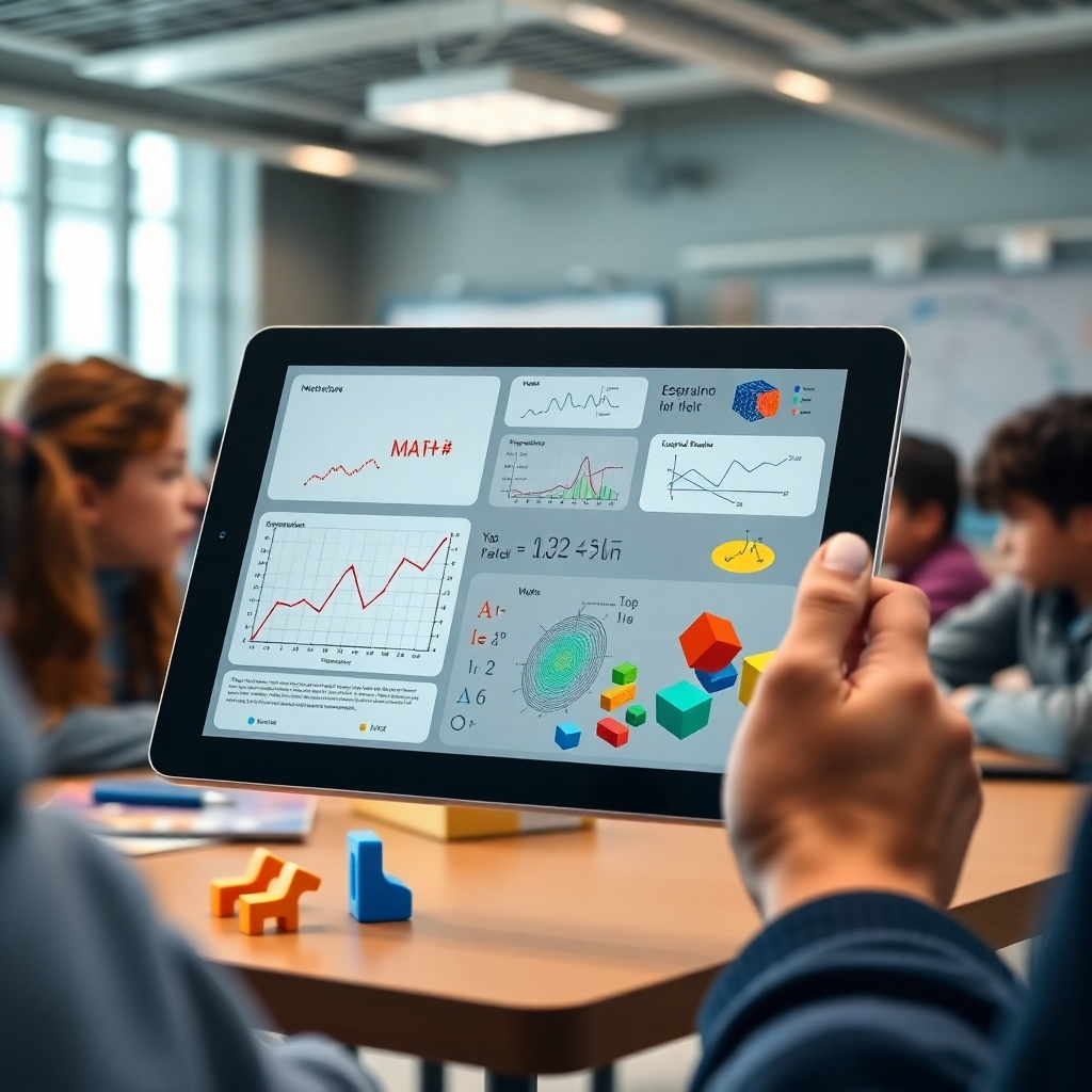 A photorealistic image showing various interactive math learning resources on a tablet; graphs, equations, colorful diagrams and 3D models are visible. The background could be a modern classroom with diverse students engaged in a collaborative project.