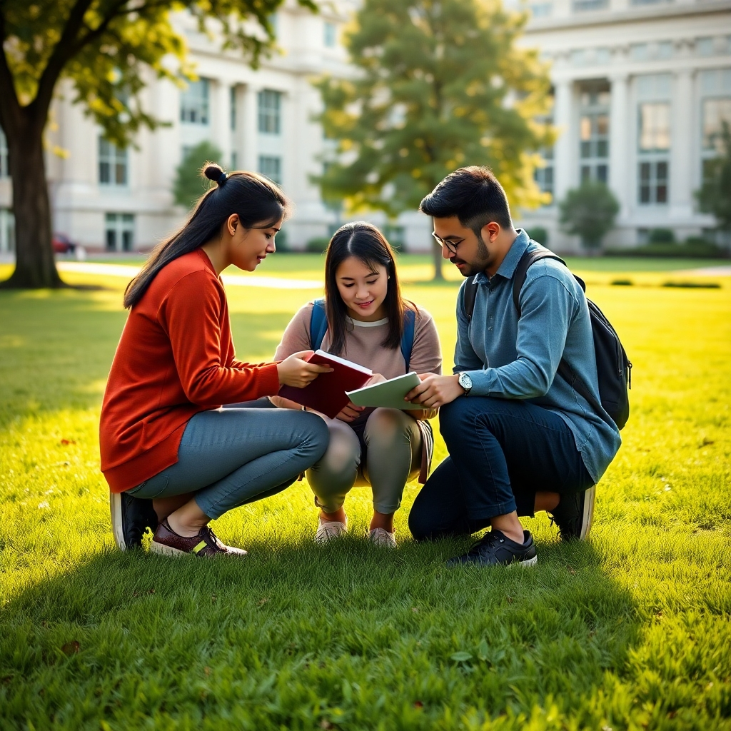 An ultra-high definition, photorealistic image of a small group of university students collaborating on a math problem. The scene is set outdoors on the meticulously maintained lawn of a university campus. The lighting is soft and even, perhaps early morning or late afternoon sunlight.  The color palette is vibrant and natural, with deep greens from the grass and varied colors representing students' clothing. The scene is captured from a slightly elevated angle, providing a clear view of the students huddled around a notebook, working collaboratively.  The students are diverse in terms of ethnicity and gender.  The background subtly incorporates the university's architecture in the style of architectural photography. Visible details include the textures of the grass, the students' clothing and hair, the pages of the notebook, and the subtle shadows cast by the surrounding trees. The image should evoke a sense of camaraderie and intellectual curiosity, in a style reminiscent of contemporary documentary photography. The image should have hyperrealistic detail, including accurate reflections and subtle skin textures.  It should have an 8K resolution and be ultra-detailed.