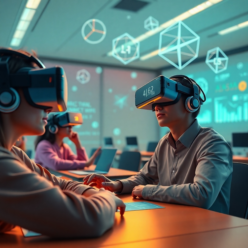 Photorealistic 8K render, ultra-detailed. A scene depicting a virtual reality classroom where students are collaboratively solving complex calculus problems using VR headsets. Soft, ambient lighting provides a calm and focused atmosphere. The color palette is futuristic and sleek, using cool blues and greens accented by warm oranges in the VR interfaces.  The camera angle is a dynamic viewpoint within the VR environment.  The textures include the smooth surfaces of the VR headsets, the intricate textures of the virtual mathematical models and graphs. The environment is a futuristic classroom with holographic displays and advanced technology throughout.  Props include VR headsets, touch-sensitive interfaces, and holographic projections of mathematical equations and graphs. Background details include abstract 3D mathematical shapes floating in space. Style reference: Syd Mead.  The mood should convey a sense of innovation and interactive engagement.
