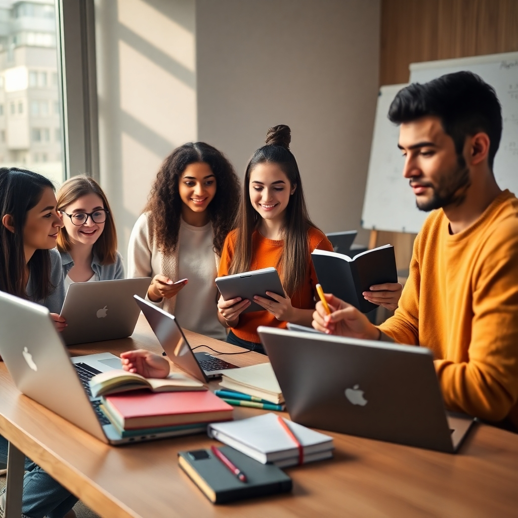 Photorealistic image, 8K resolution, hyperrealistic detail. A young, diverse group of students (3 women, 2 men, varying ethnicities) are actively engaged in an online algebra class. Soft, diffused lighting illuminates the scene. The color palette is warm and inviting, with natural wood tones and pops of bright color from textbooks and interactive whiteboards. The camera angle is slightly elevated, looking down on the group from a comfortable distance. Students are using laptops and tablets, interacting with online educational resources.  Textures include the smooth surfaces of laptops, the slightly rough texture of notebooks, and the natural grain of a wooden desk. The environment is a modern, minimalist study space with plenty of natural light streaming in from a large window.  Props include laptops, tablets, notebooks, pencils, and textbooks. Background details include a whiteboard with equations, charts and graphs. The overall mood is one of collaborative learning and engagement. Style reference: Annie Leibovitz.  Focus on conveying a sense of community and interactive learning.