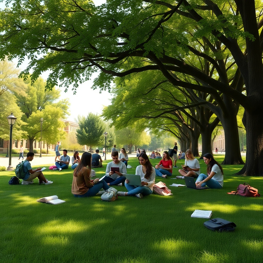 Photorealistic image of a college campus with lush green grass, large shade trees, and diverse groups of students studying together outdoors.  Students should be engaged in discussions, reading books, and using laptops.  The scene should be sunny, with natural lighting and a feeling of calm and focus. Include backpacks, books, and other study materials scattered naturally around the students.  High detail, 8k resolution, cinematic lighting