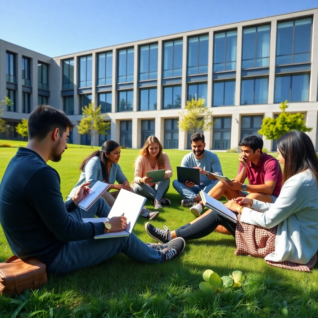 Photorealistic image of a diverse group of university students sitting and studying together on a lush green lawn on a sunny day.  The students should be engaged in conversation and collaborative work, using laptops, notebooks and textbooks. The background should include a modern university building with a clear blue sky.