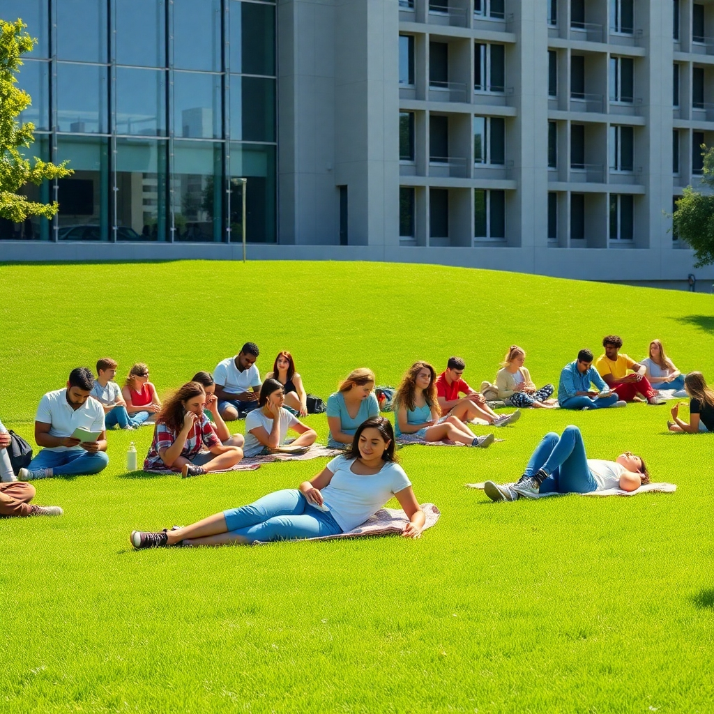 Photorealistic image of a group of diverse university students relaxing on a lush green lawn on a sunny day.  Some are studying, others chatting, some lying on blankets. The lawn is meticulously kept, with vibrant green grass.  The background includes a modern university building with large windows, partially visible. The scene should evoke a sense of calm and community.