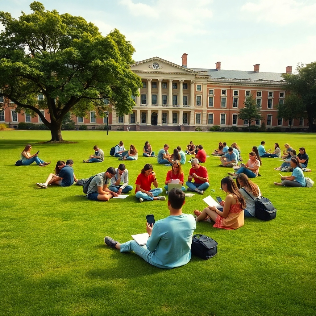 Photorealistic image of a large group of students sitting and studying together on a sprawling green lawn.  They are using laptops, books, and sharing notes, creating a collaborative atmosphere. The lawn is expansive, with well-maintained grass, and a few trees offering shade.  The background includes a classic university building with a traditional architectural style.
