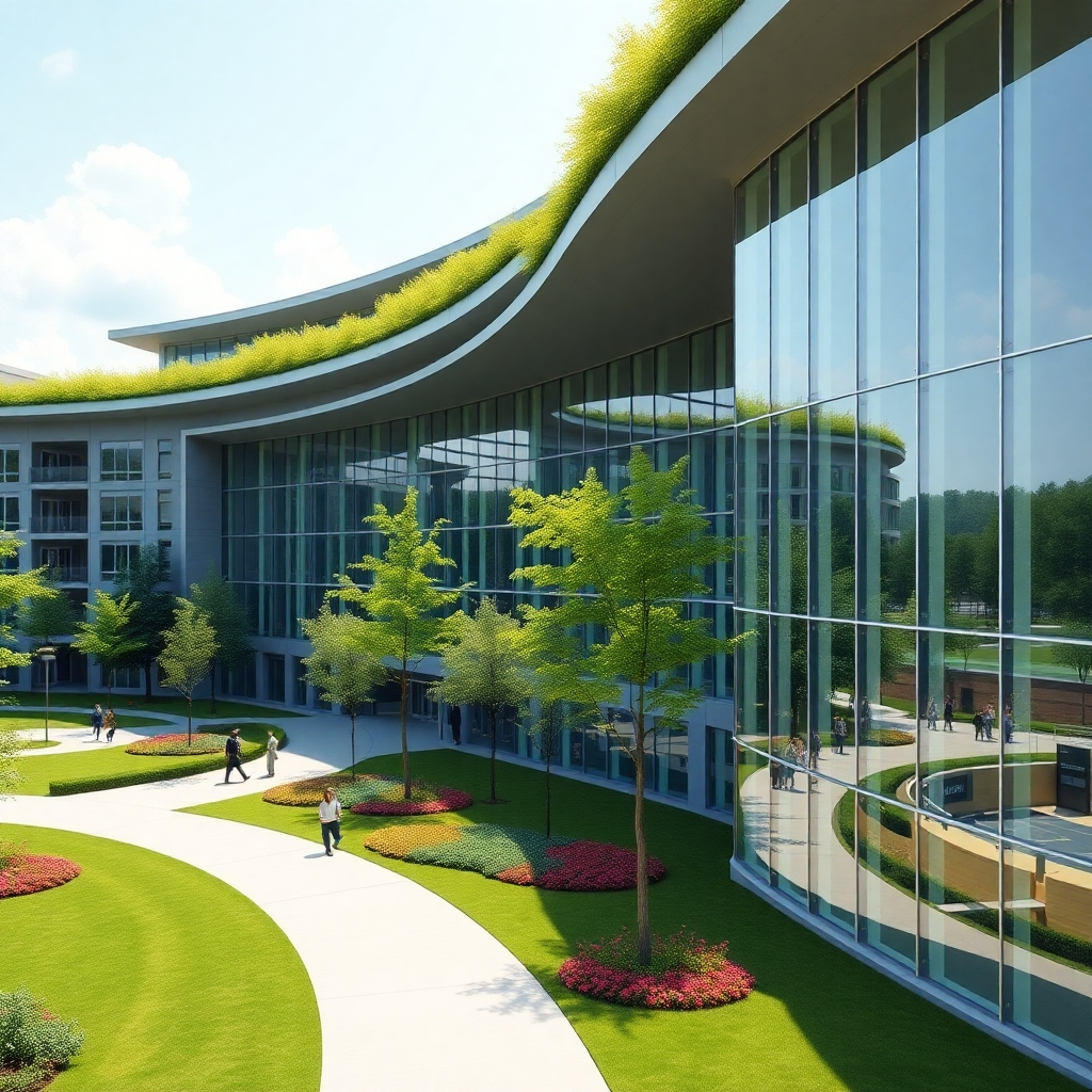 Photorealistic image of a modern university building with a green roof and large windows overlooking a beautifully landscaped campus.  The architecture should be sleek and sustainable, with plenty of natural light.  The campus should be vibrant with green trees, flowers, and well-maintained lawns.  High detail, 8k resolution, natural lighting, focus on the integration of architecture and nature