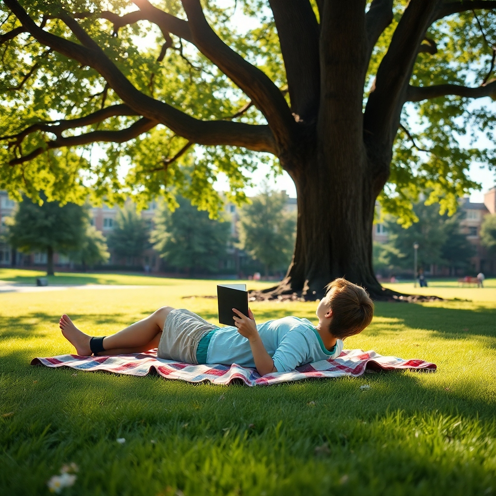 Photorealistic image of a student lying on a blanket on a vibrant green lawn, relaxing and reading a book under the shade of a large tree on a campus. The image should evoke a sense of peace and tranquility.  The background should subtly include university buildings in the distance.