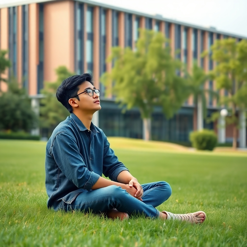 Photorealistic image of a student sitting on a grassy area of a university campus, looking thoughtfully into the distance. Their expression should be one of inspiration and contemplation.  The surrounding environment should feature lush greenery and a modern, innovative-looking university building in the background. The image should capture a sense of peace, while also hinting at intellectual stimulation.