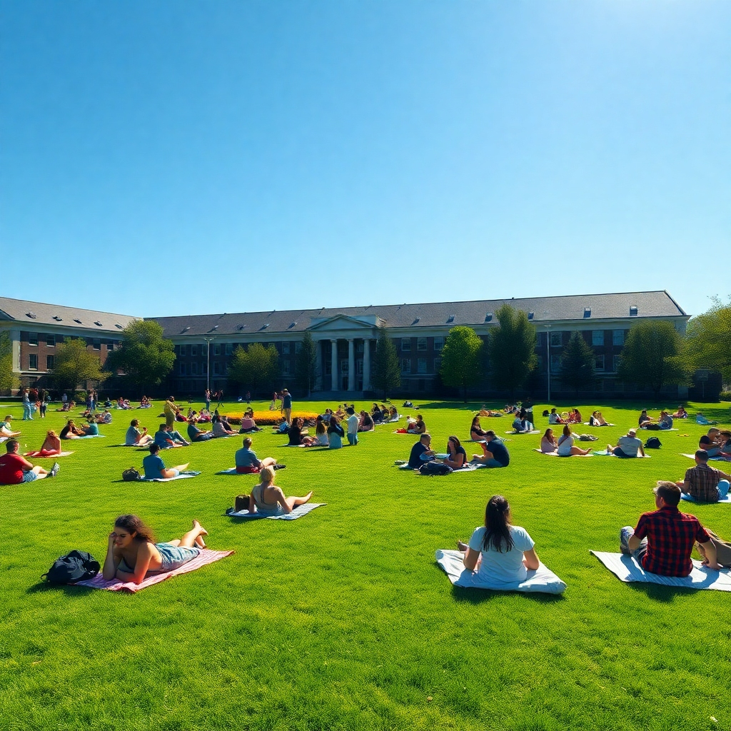 Photorealistic image of students relaxing on a large, grassy area of a university campus. Some are lying on blankets, others are chatting in small groups, some are playing frisbee.  The grass is lush and green, the sky is sunny and blue.  The overall mood should be relaxed and peaceful.  High detail, 8k resolution, vibrant colors, shallow depth of field