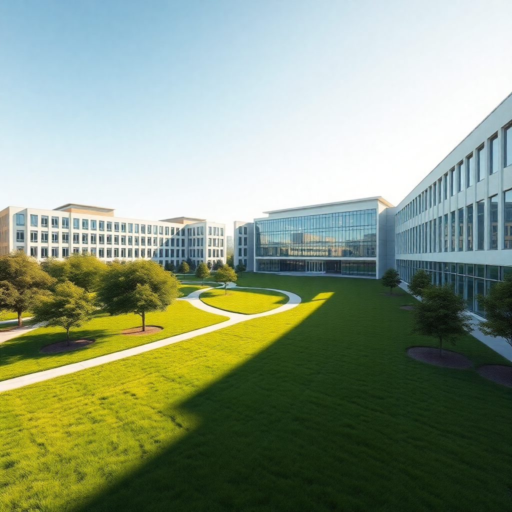 Photorealistic image showcasing the seamless integration of a vibrant green lawn with the modern architecture of a university campus. The image should highlight the contrast and harmony between nature and the built environment.  Include pathways winding through the lawn, leading to various university buildings.  The sky should be clear and bright, casting sunlight on the scene.