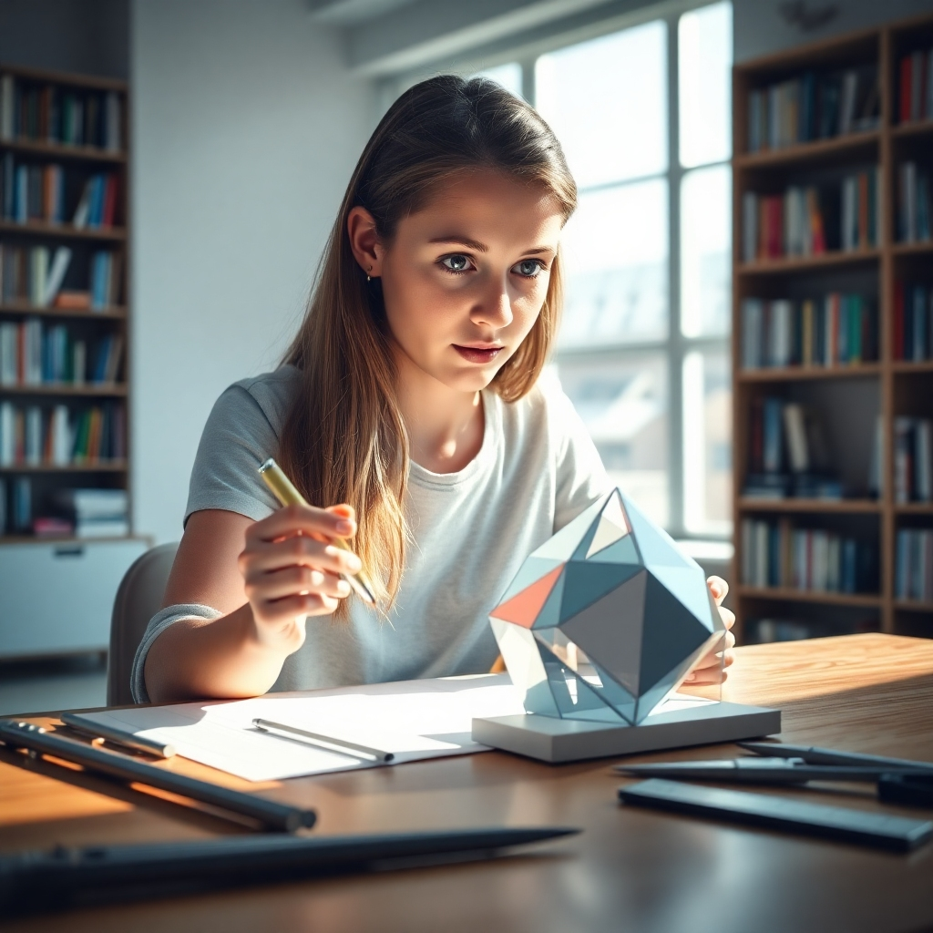 Ultra-high quality image, cinematic lighting. A single student, a teenage girl with bright, curious eyes, sits at a desk in a sunlit room, looking intently at a geometric model she's constructing. Dramatic side lighting accentuates the model's sharp edges and curves. The color palette is cool and clean, dominated by whites, grays, and blues with pops of vibrant color in the geometric shapes. The camera angle is close-up, focusing on the student's face and hands as they work with precision. Texture details include the smooth, polished surface of the geometric model, the rough texture of the wooden desk, and the soft texture of the girl's hair. The environment includes a spacious, naturally lit room with bookshelves filled with textbooks in the background. Props include the geometric model, compasses, rulers, and protractors. The overall mood is one of focused concentration and intellectual curiosity. Style reference: Steve McCurry.  8K resolution, hyperrealistic.