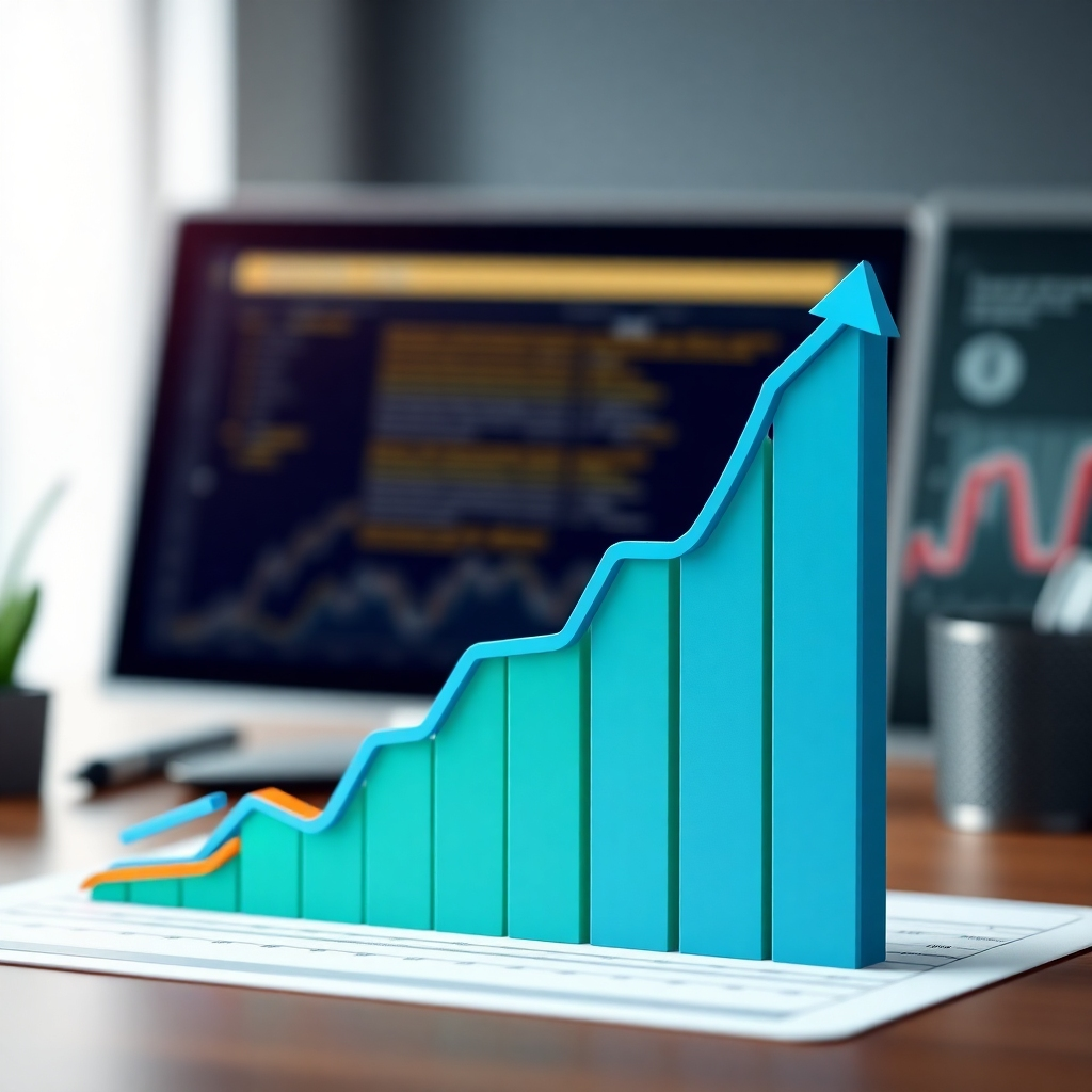 A photorealistic image of a graph showcasing a steep upward trend, indicating the success of a well-optimized funnel.  The background should include some business-related elements.  The overall look should be optimistic and inspiring, with a professional and modern design, highlighting the success and effectiveness of using the strategies. The color scheme should be a mixture of blues, greens, and accent colors to highlight positive results. The camera angle should show the graph clearly while incorporating other business-related elements in the background. The textures should emphasize a modern and professional design, reinforcing the credibility and trustworthiness of the methods.