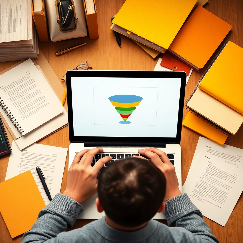 Photorealistic image of a person studying various documents and a laptop screen displaying a funnel diagram.  The background should have books, notebooks, and other educational tools.  The overall look should be professional and educational, with a clean and organized feel.  The color scheme should use warm and inviting colors such as yellows, oranges, and beiges.  The camera angle should be from slightly above, showing everything neatly organized.  The textures should have realistic, educational feel to it.