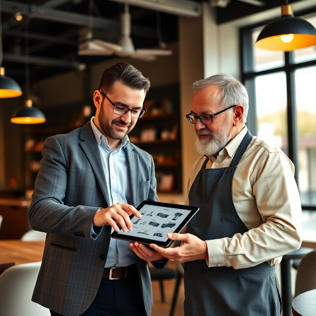 A 4K photorealistic image of a consultant advising a restaurant owner. The consultant is pointing at a tablet showing equipment options, while the owner is nodding in agreement. The setting is a modern office space. The lighting is warm and inviting. The camera angle is at eye level, capturing the collaborative atmosphere. Style Reference: Business Communication Photography, emphasis on trust and partnership.