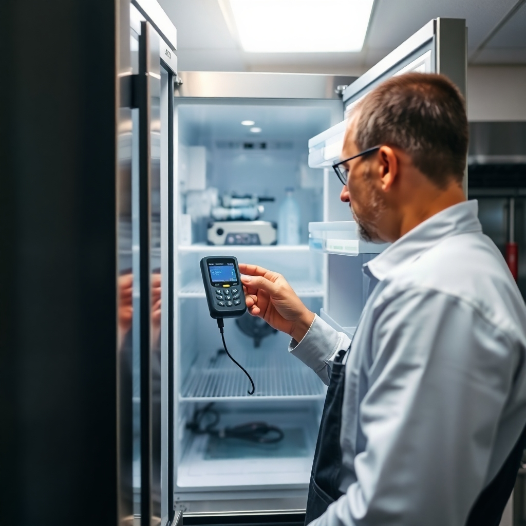 A 4K photorealistic image showing a technician performing maintenance on a commercial refrigerator. The technician is using a diagnostic tool, and the refrigerator is open, revealing its components. The lighting should be bright and highlight the details of the equipment. The environment should be a clean and well-maintained kitchen. Use a close-up camera angle to emphasize the technical aspects of the maintenance. Style Reference: Technical Service Photography, focus on precision and detail.