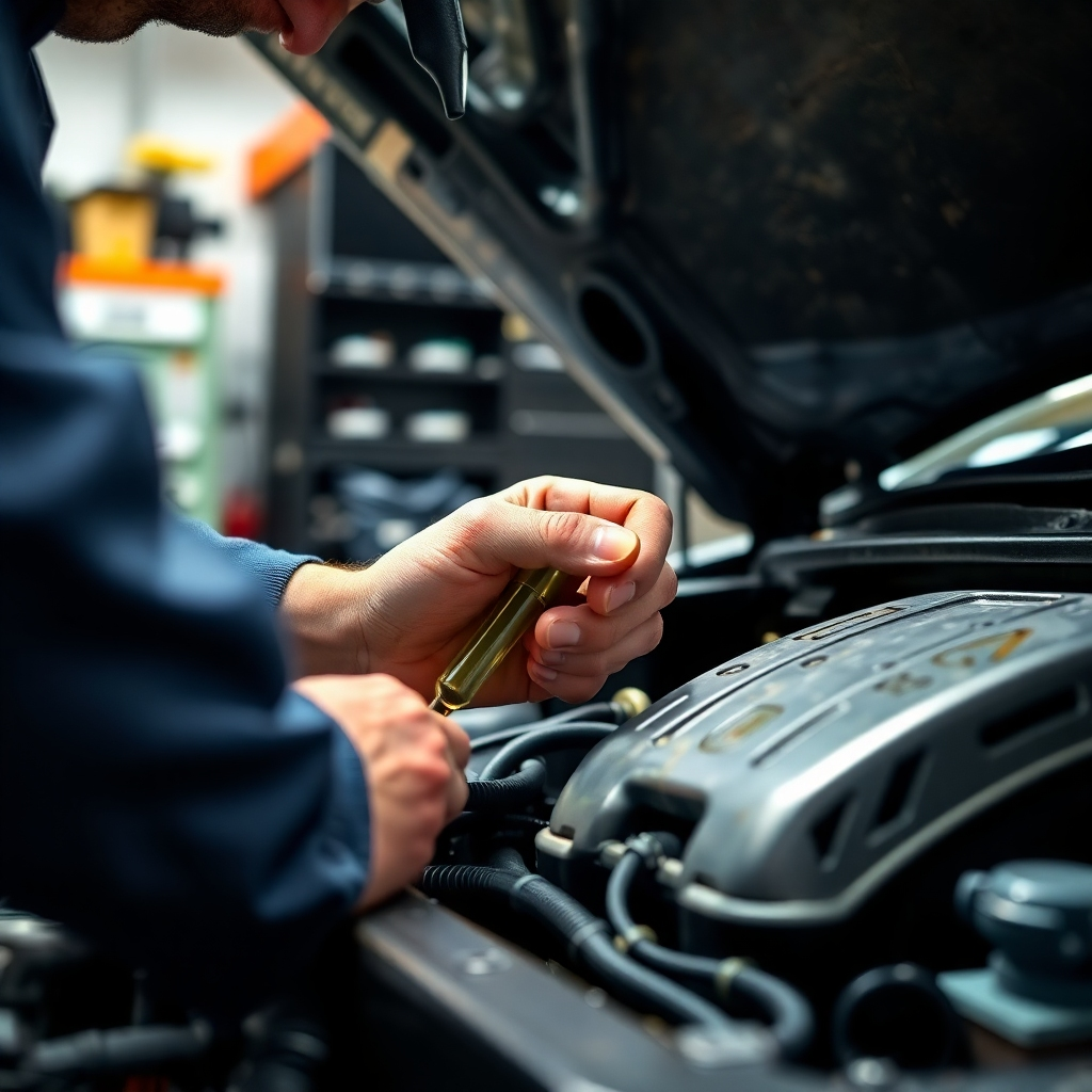  A photorealistic close-up image of a mechanic checking the oil level of a car engine. The lighting is bright and focused, highlighting the dipstick and the oil itself. The camera angle is slightly angled to provide a clear view. The textures should be realistic, capturing the grime and wear of the engine components. The environment is a clean, organized garage setting. Style reference: Automotive service photography. Technical specs: 4K resolution, high detail.