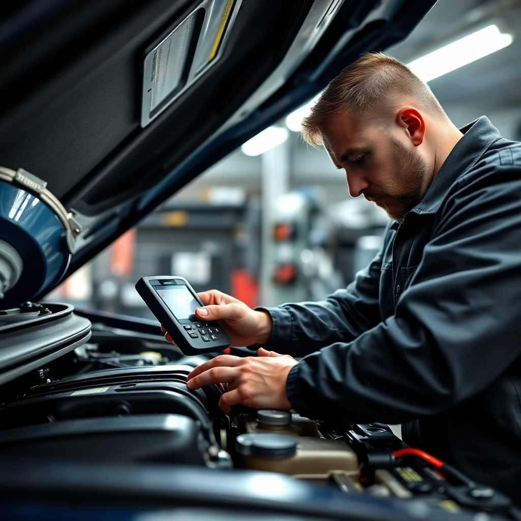 A photorealistic image of a certified mechanic working on a car engine with diagnostic tools. The lighting is bright and focused on the engine bay. The camera angle is close-up, showcasing the technician's expertise. Textures should be highly detailed, capturing the intricacies of the engine components. The environment is a professional auto repair shop. Style reference: Technical automotive photography. Technical specs: 4K resolution, high detail.