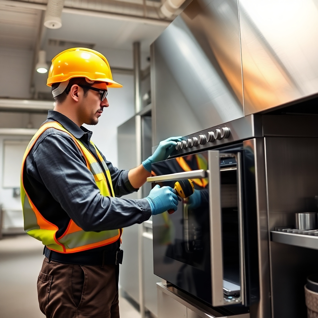 A photorealistic image of a technician installing a commercial oven in a kitchen. The technician is wearing safety gear and using professional tools. The lighting should be bright and highlight the precision of the work. Style Reference: Installation Photography.