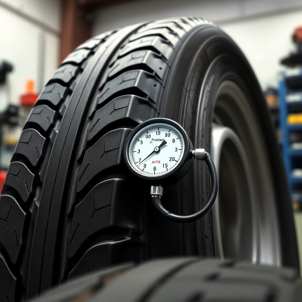  A photorealistic image of a tire being inflated with a tire pressure gauge attached. The tire is clean and new-looking. The lighting is studio-like, focusing on the tire and gauge. The camera angle is eye-level, providing a straightforward view. Textures should be crisp, highlighting the tread pattern. The environment is a workshop area. Style reference: Product photography. Technical specs: 4K resolution, sharp focus.