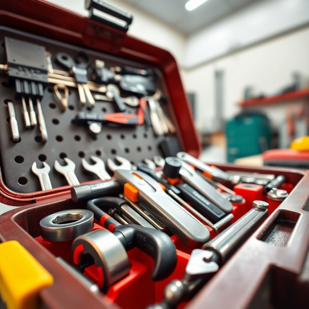 A photorealistic image showcasing a well-organized basic car repair tool kit. The tools are neatly arranged in a toolbox. The lighting is bright and focused on the tools. The camera angle is eye-level, providing a clear view. Textures should be metallic and durable. The environment is a clean workspace. Style reference: Product photography. Technical specs: 4K resolution, high detail.