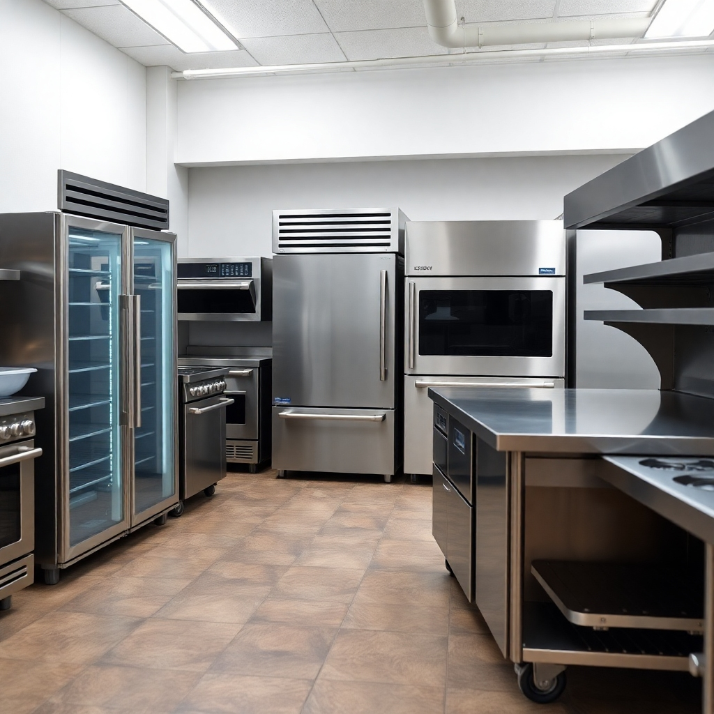 A photorealistic image showcasing a variety of food service equipment arranged in a showroom setting. Include refrigerators, ovens, and prep tables. The lighting should be bright and inviting. The camera angle should be slightly elevated to capture the variety of equipment. Style Reference: Showroom Photography.