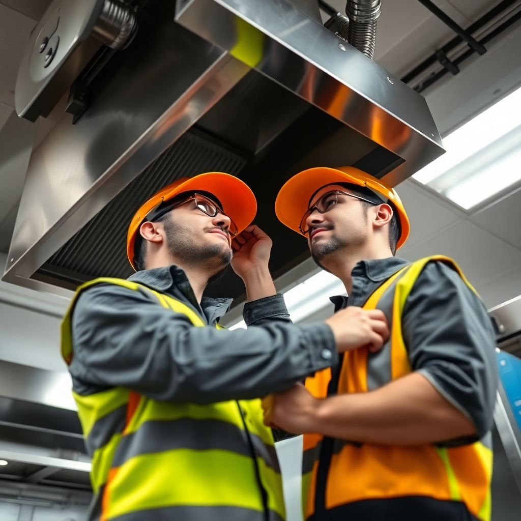 Create a photorealistic 4K image of a technician installing a commercial kitchen exhaust system. The technician should be wearing safety gear and working diligently. The focus should be on the precision and care taken during the installation process. The environment should be a modern, well-maintained kitchen. Use a slightly low camera angle to emphasize the scale of the equipment. Style Reference: Industrial Photography, focus on precision and safety.