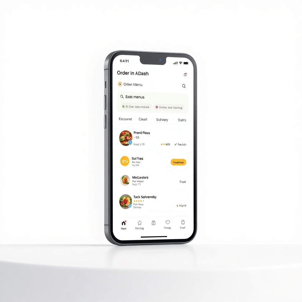 A clean and modern mockup of a smartphone displaying the Order In A Dash app, showcasing the ease of browsing menus, customizing orders, and tracking deliveries. The background should be clean and minimal, focusing on the user interface and overall user experience. Technical specifications: 4K resolution, hyperrealistic rendering