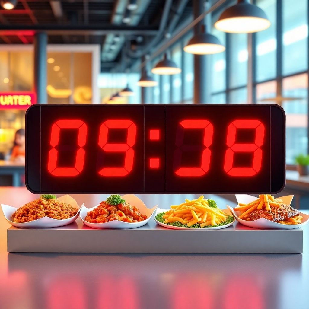 A dynamic image using a countdown timer, showcasing limited-time deals with visually attractive food displays.  The background should be eye-catching and modern, focusing on urgency. Technical specifications: 4K resolution, high-quality rendering