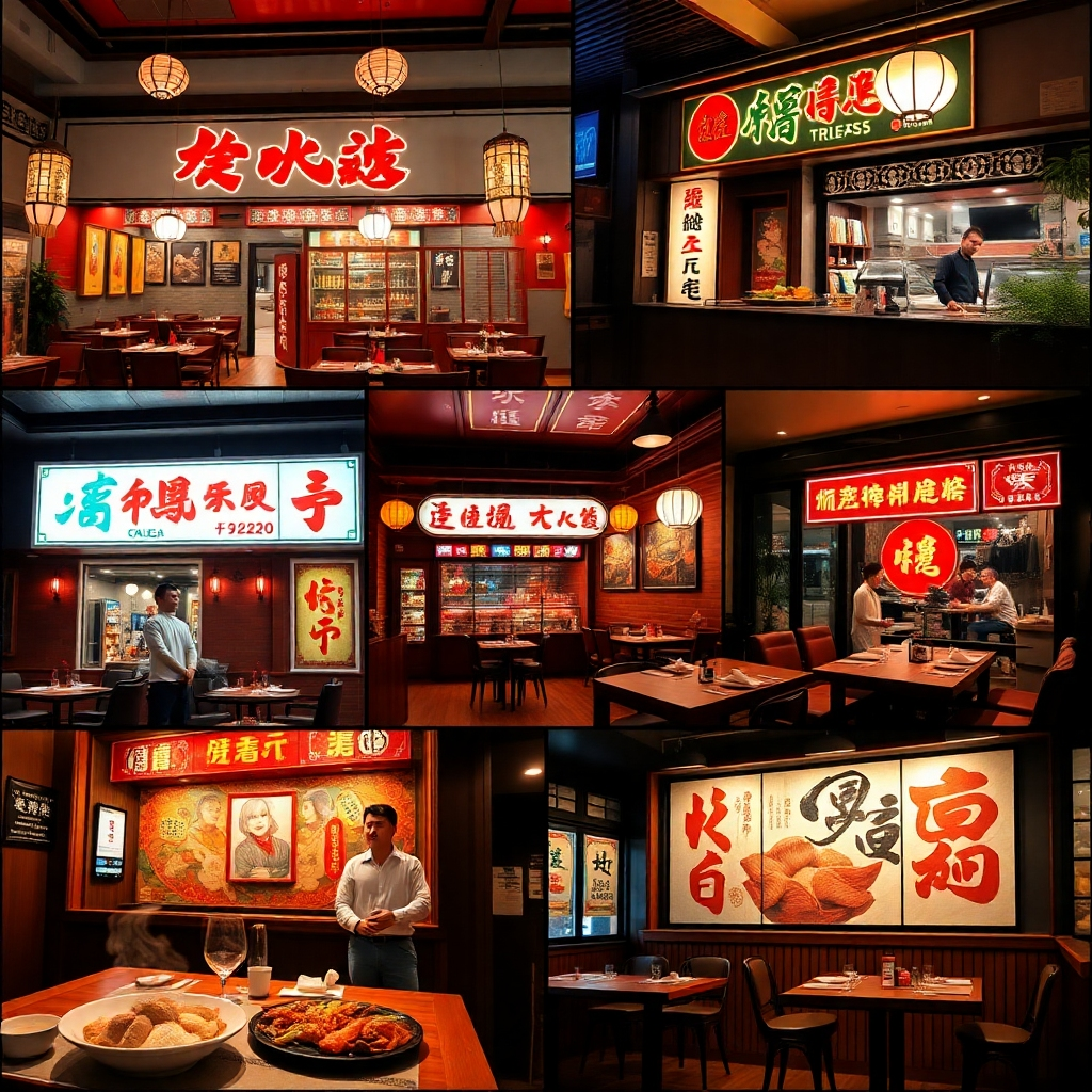 A montage of several different Chinese restaurants, showcasing their unique characteristics and ambiance. The photos should be bright and clear, inviting users to explore the many options available. Technical specifications: 4K resolution, high-quality rendering