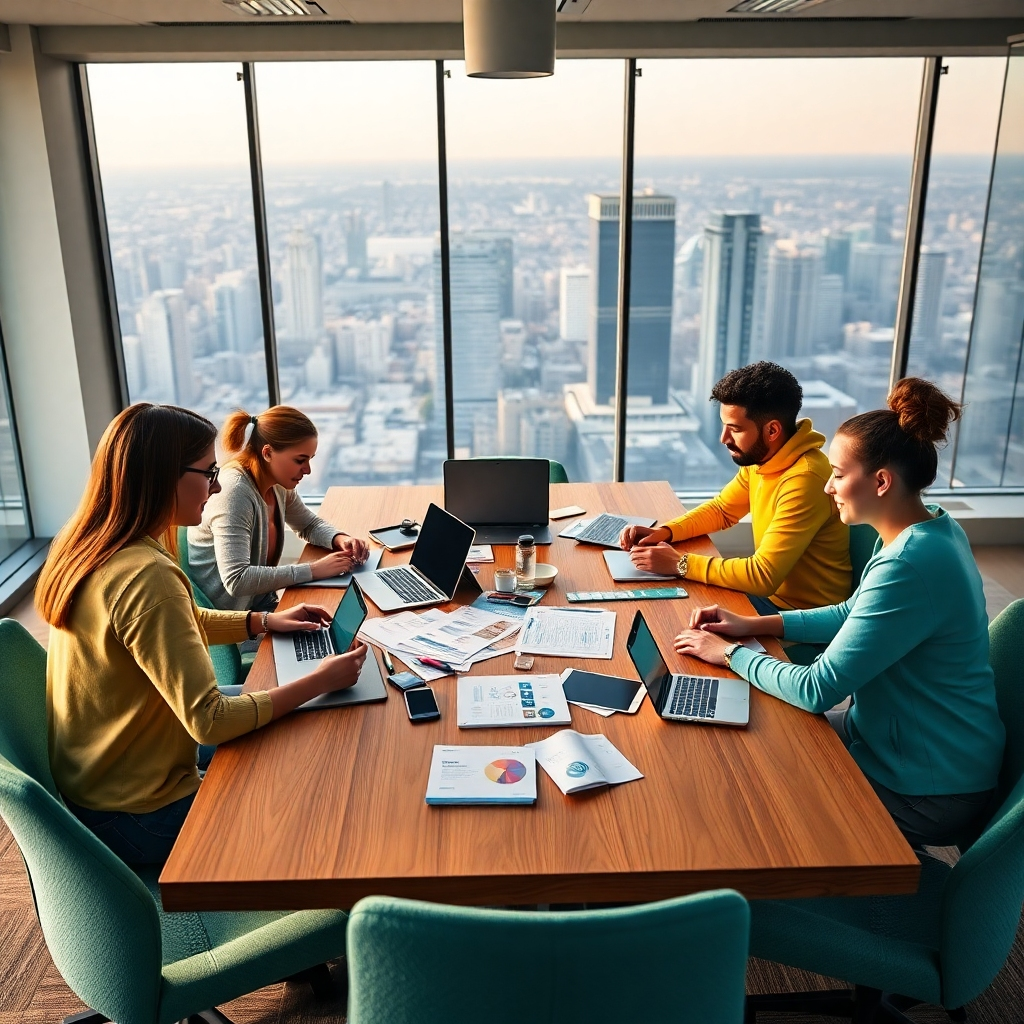 A photorealistic image, 8K resolution, hyperrealistic detail, of a young, diverse team of social media managers collaborating around a large table in a modern, bright office. Soft diffused lighting illuminates the scene, creating a warm and inviting atmosphere. The color palette is vibrant and energetic, featuring teal accents and pops of bright yellow.  The team is actively engaged, using laptops, tablets, and smartphones to manage various social media platforms.  The table is strewn with marketing materials, reports, and mobile devices. The camera angle is slightly elevated, providing a comprehensive view of the workspace.  The texture of the wood table, the soft fabric of the chairs, and the smooth surfaces of the technology are sharply defined. In the background, a large window looks out onto a bustling cityscape, suggesting a dynamic and innovative work environment. The overall mood is collaborative, creative, and energetic, reflecting the efficiency and effectiveness of DigiGoGuru's social media management services. Style reference: Annie Leibovitz.  Include various social media logos subtly in the background.