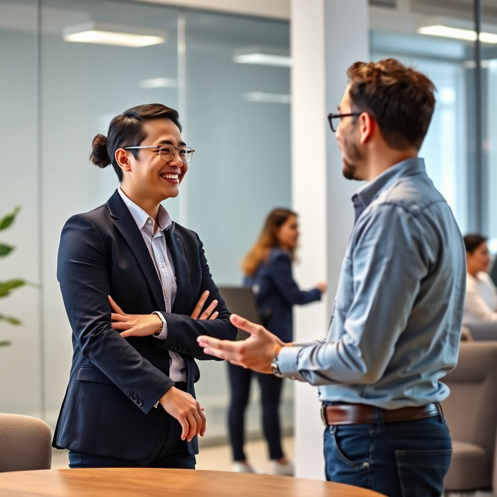 A photorealistic image depicting a friendly and professional meeting between a DigiGoguru team member and a client. The setting should be a bright and modern office space or a comfortable and inviting co-working area. The individuals should be engaged in a positive and productive discussion, with body language suggesting trust and collaboration.  The mood should be upbeat, optimistic and professional, highlighting the importance of open communication and strong client relationships.  Subtle branding elements of DigiGoguru could be present in the background.