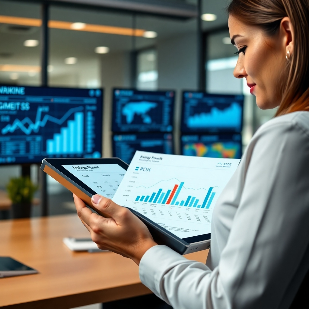 A photorealistic image depicting a businesswoman reviewing a financial report on a tablet, showcasing significant growth and positive ROI metrics. The background should feature a modern office environment with various digital marketing tools displayed on screens.  The overall mood should be professional, successful, and data-driven. The image should focus on the key performance indicators (KPIs) reflecting business success.