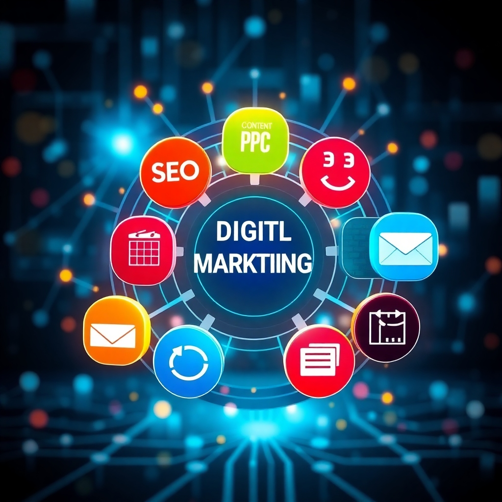 A photorealistic image depicting a vibrant and diverse range of digital marketing elements seamlessly integrated.  Imagine a central hub with icons representing SEO, PPC, social media, content marketing, email marketing, and analytics.  Each icon should be visually distinct yet connected to the central hub, suggesting a holistic approach. The background should subtly feature graphical elements representing the digital world, like glowing network nodes, and data streams. The overall aesthetic should be modern, clean, and visually appealing, suggesting a comprehensive and integrated approach to digital marketing.